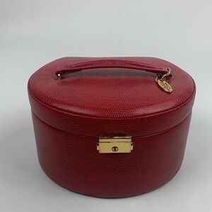 Wolf Designs Red Leather Jewelry Case Top Handle Gold charm Pockets Extra case